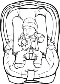 Car seat with a small cloth between crotch strap and infant, harnass clip positioned at the center of the chest and at the level of the infant's armpits, and blanket rolls on both sides of the infant.